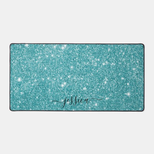 Modern turquoise glitter script name bureaumat (Voorkant)
