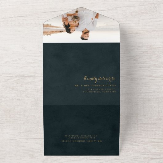 Modern Turquoise Gold Agate Calligraphy Wedding All In One Uitnodiging (Buitenkant)