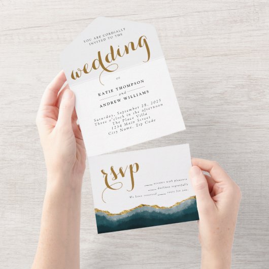 Modern Turquoise Gold Agate Calligraphy Wedding All In One Uitnodiging (Afscheurbaar)