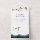 Modern Turquoise Gold Agate Calligraphy Wedding All In One Uitnodiging (Binnen)