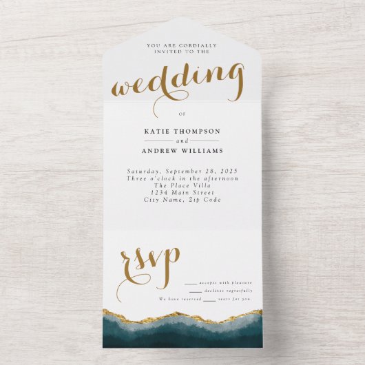Modern Turquoise Gold Agate Calligraphy Wedding All In One Uitnodiging (Binnen)