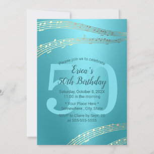 Modern Turquoise & Gold Music 50th Birthday Kaart