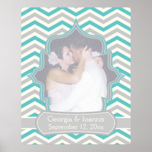 Modern turquoise, grijs chevron bruiloft poster