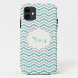 Modern turquoise, grijs, ivoren chevron op maat iPhone 11 hoesje