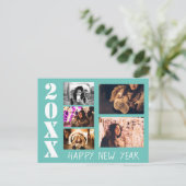 Modern Turquoise Happy Nieuwjaar 5 Foto Collage Briefkaart (Staand voorkant)