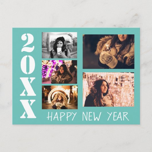 Modern Turquoise Happy Nieuwjaar 5 Foto Collage Briefkaart (Voorkant)