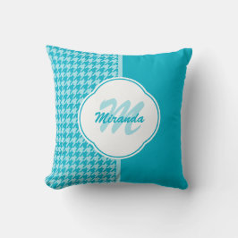 Modern Turquoise Houndstooth Monogram en naam Kussen