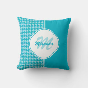 Modern Turquoise Houndstooth Monogram en naam Kussen