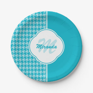 Modern Turquoise Houndstooth Monogram en naam Papieren Bordje