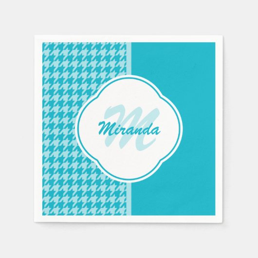 Modern Turquoise Houndstooth Monogram en naam Servetten (Voorkant)