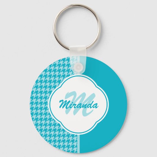 Modern Turquoise Houndstooth Monogram en naam Sleutelhanger (Voorkant)
