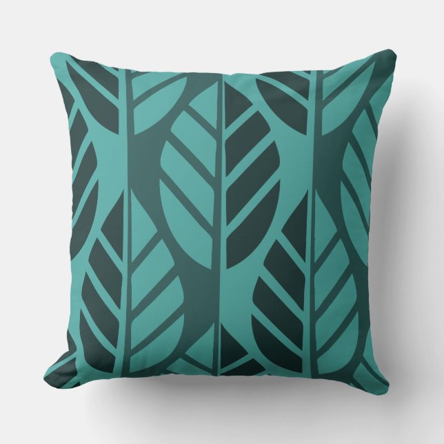 Modern Turquoise Leaf Patterned Kussen (Voorkant)