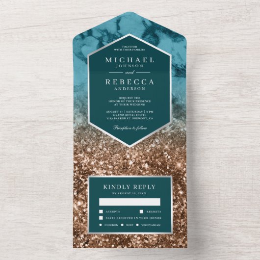Modern Turquoise Marble Bronze Glitter Wedding All In One Uitnodiging (Binnen)