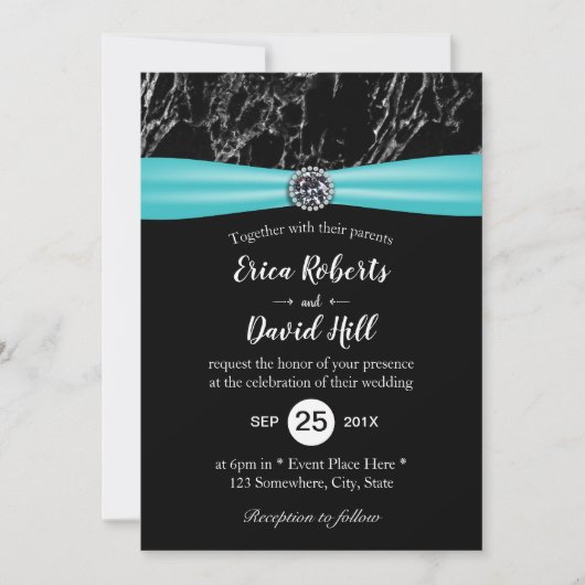 Modern Turquoise Ribbon Black Marble Wedding Kaart (Voorkant)