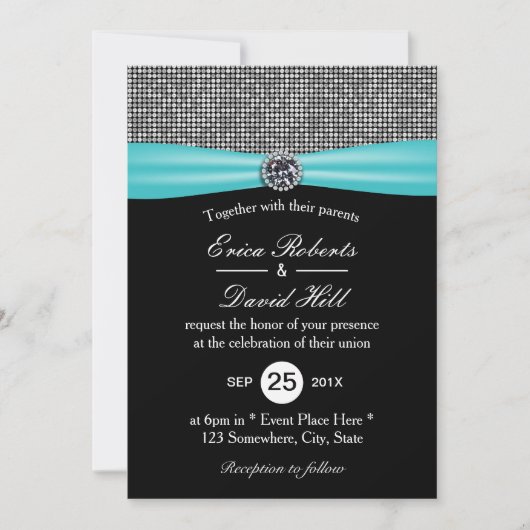 Modern Turquoise Ribbon Silver Glitter Wedding Kaart (Voorkant)
