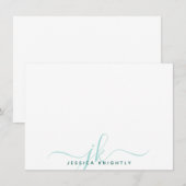 Modern Turquoise Script Monogram Initialen Notitiekaartje (Voorkant / Achterkant)