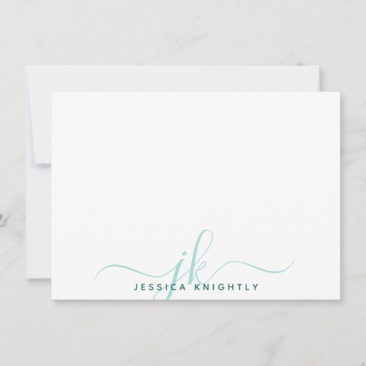 Modern Turquoise Script Monogram Initialen Notitiekaartje (Voorkant)