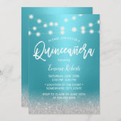 Modern Turquoise & Silver Glitter Quinceanera 15 Kaart (Voorkant / Achterkant)