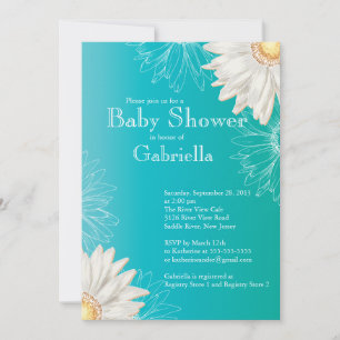 Modern Turquoise & White Gerbera Daisy Baby shower Kaart