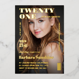 Modern Twenty One 21st Birthday Magazine Goud Folie Uitnodiging