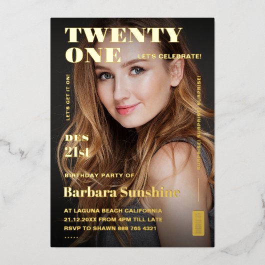 Modern Twenty One 21st Birthday Magazine Goud Folie Uitnodiging (Voorkant)