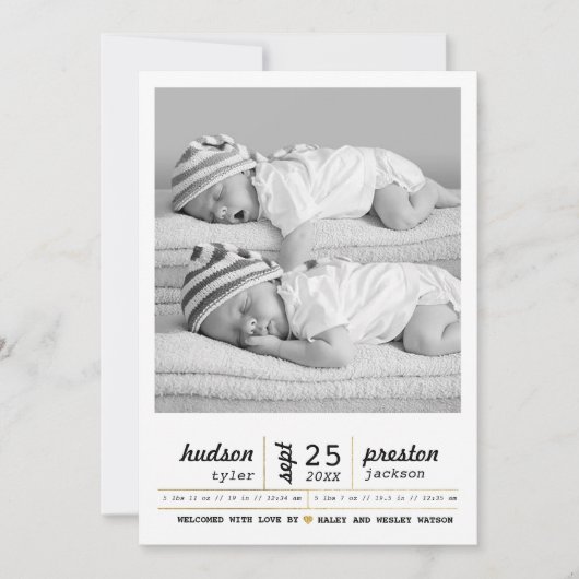 Modern Twin Birth Announement Aankondiging (Voorkant)