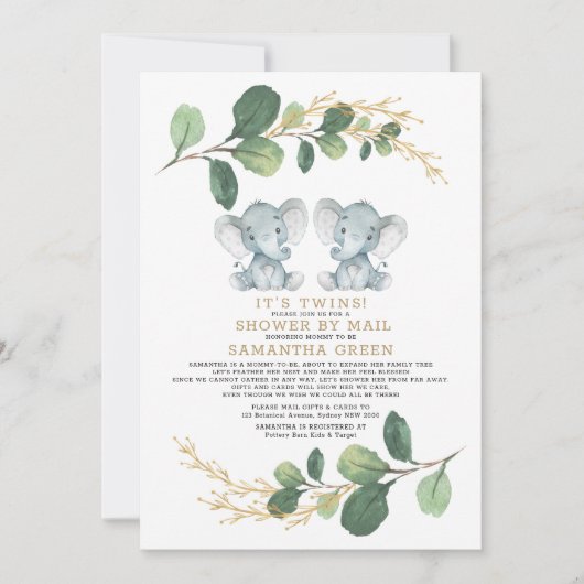 Modern Twin Elephant Greenery Baby shower per post Kaart (Voorkant)
