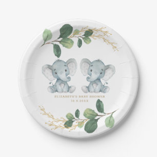 Modern Twin Elephant Greenery Gold Baby shower Papieren Bordje