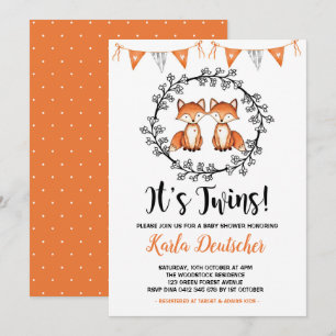 Modern Twins Fox Baby shower Oranje zwarte partij Kaart