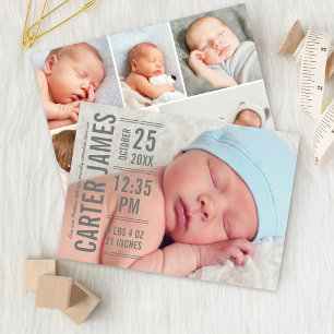 Modern Type Baby Jongen Foto Grijze Tekst Geboorte Aankondiging