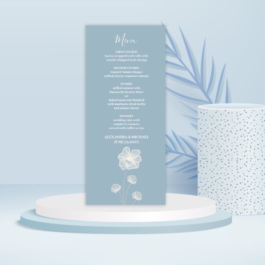 Modern Typografie Dusty Blue Botanical Wedding Menu