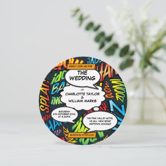 Modern Typographic Fun Comic Book Wedding Kaart (Staand voorkant)