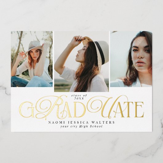 Modern Typography Multi Photo Elegant Graduation Folie Uitnodiging (Voorkant)