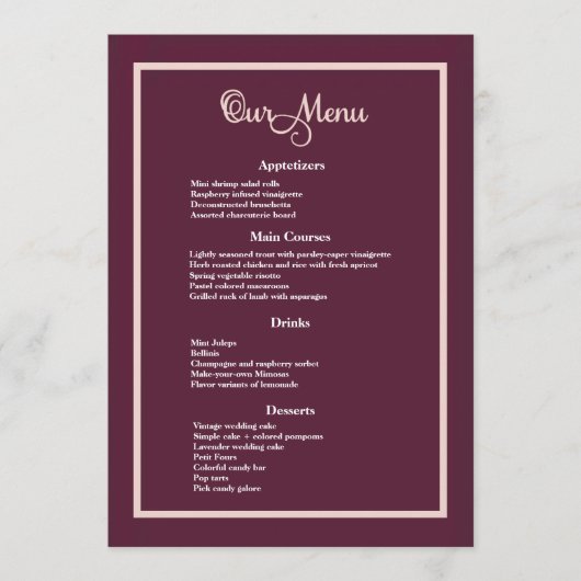 Modern Typography Rose Gold wedding Dinner menu (Devant)