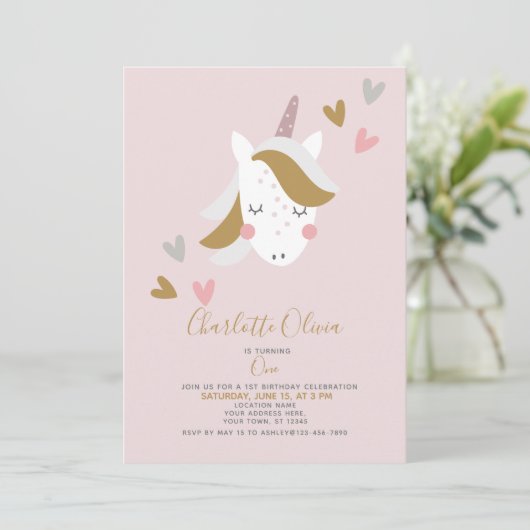 Modern Unicorn Muted Pink 1st Birthday Kaart (Staand voorkant)
