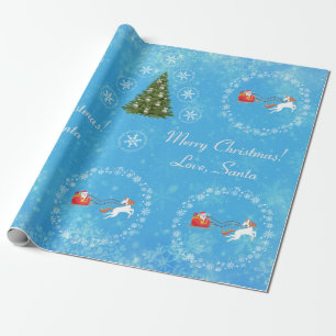 Modern Unicorn Santa Snow Merry Xmas Trees Blue Cadeaupapier