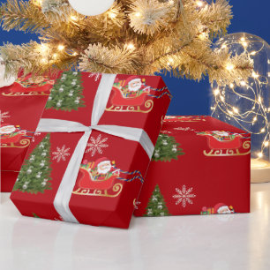 Modern Unicorn Santa Snowflakes XmasTree Red Cadeaupapier