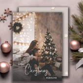 Modern Urban Couple Kerst Foto String Lights Feestdagenkaart