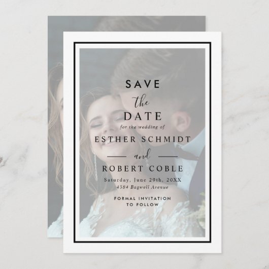 Modern Vellum Black & White Overlay Photo Wedding Save The Date (Voorkant / Achterkant)