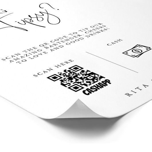Modern Venmo Tip Uw Bartender Trouwbord Poster (Hoek)
