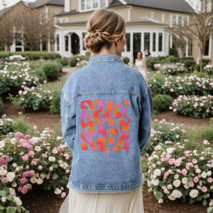 Modern Verlopen Blobpatroon in Roze en Oranje Denim Jacket
