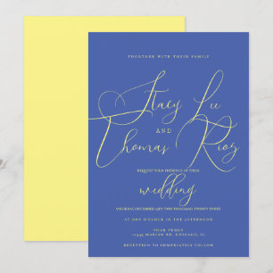 Modern Vet Bruine Gele Blauwe Script Bruiloft Kaart