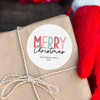 Modern vet kleurrijke vrolijke kerst familienaam ronde sticker