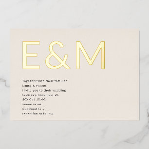 Modern Vet Monogram Beige Bruiloft Folie Uitnodiging