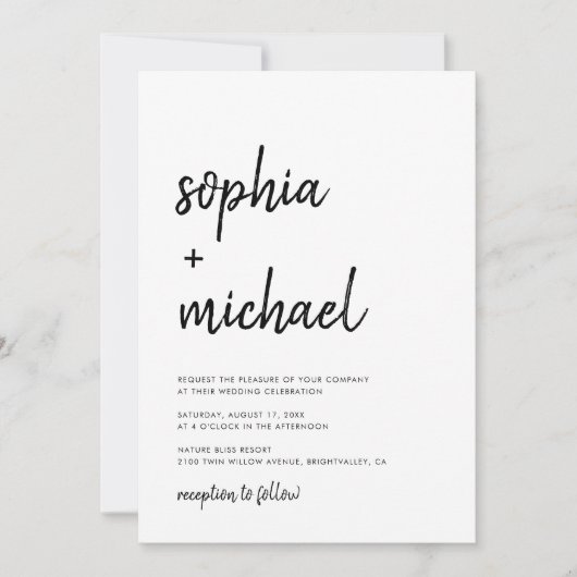 Modern vet script zwart-wit bruiloft kaart (Voorkant)