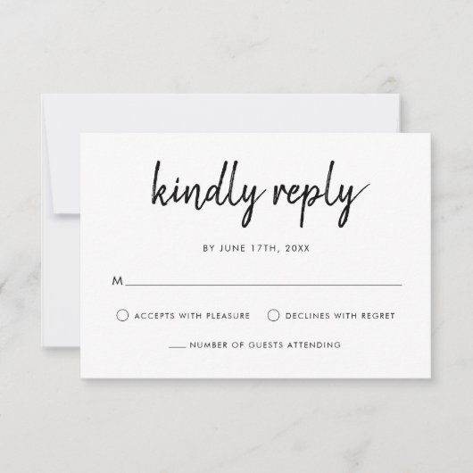 Modern vet script zwart-wit bruiloft RSVP kaartje (Voorkant)