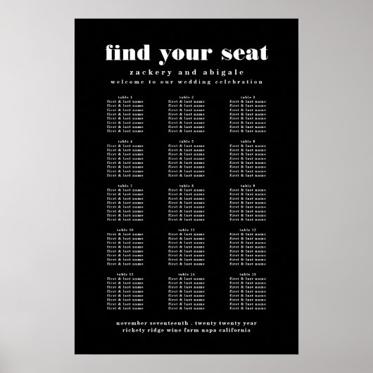 Modern Vet Zwart Wit Bruiloft Zitkaarten Teken Poster (Voorkant)