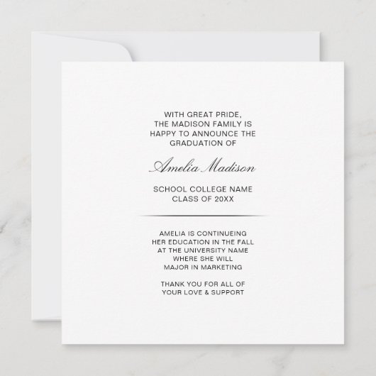 Modern vierkant Minimaal inkt script Afstuderen Fo Aankondiging (Achterkant)