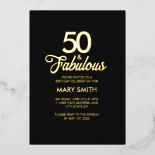 Modern Vijftig en Fabulous 50ste Verjaardag Zwart Folie Uitnodiging