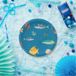 Modern vis- en zeepaard geïllustreerd patroon blau papieren bordje